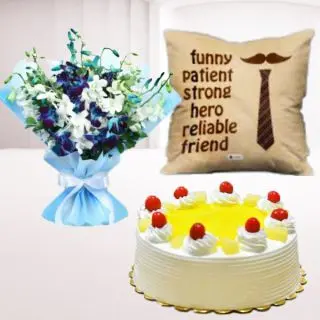 Bunch of 10 blue and white orchids, half kg pineapple cake with photo cushion 