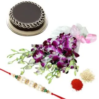 Bunch of 10 lavender orchids with 1 kg chocolate cake with 1 rakhi and roli chawal