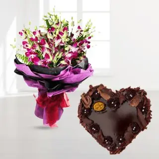 bunch of 10 lavender orchids with heart shape chocolate cake 