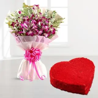 Bunch of 10 lavender orchids with red velvet heart shape cake 