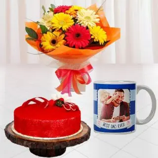 Bunch of 10 mix colour gerberas, half kg red velvet cool cake with photo mug 