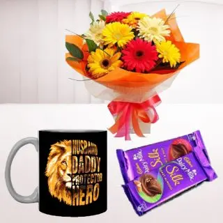 Bunch of 10 mix colour gerberas, photo mug, set of 2 dairy milk silk 