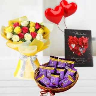 Bunch of 10 mix colour roses, 2 heart shape balloons , bsket of dairy milk chocolates, with greeting card 