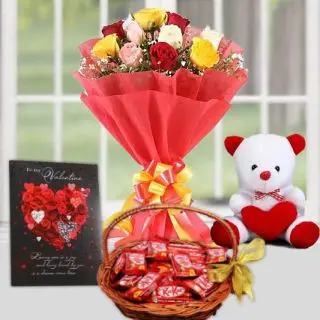 Bunch of 10 mix colour roses, 6 inch white teddy bear, basket of kit kat chocolates, valentine day card 