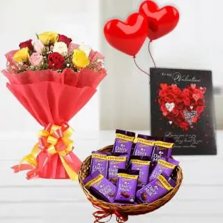 Bunch of 10 mix colour roses, basket of dairy milk chocolates, 2 heart shape balloons, valentine day card 