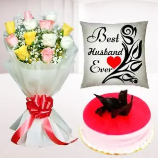 Bunch of 10 mix colour roses, Half kg strawberry cake, Photo cushion 