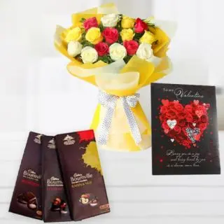 Bunch of 10 mix colour roses , set of 3 bournville dark chocolates , valentine greeting card 