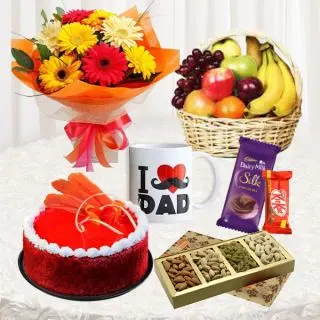 Bunch of 10 mix gerberas, basket of 2 kg assorted fruits , hakf kg red velvet cake , Photo mug,Box f 250 grams dryfruits with dairymilk silk and kitkat 