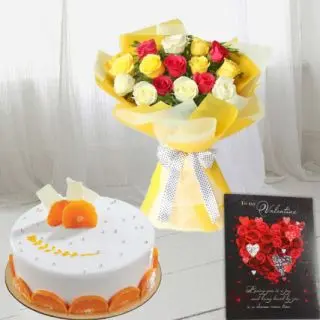 Bunch of 10 mix roses bunch with Half kg orange fresh cream cake with valentine greeting card