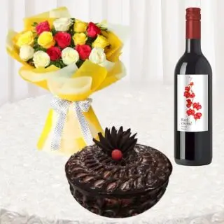 Bunch of 10 mix roses, half kg chocolate fudge cake, with bottle of wine 