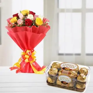 Bunch of 10 mix roses with box of 16 pcs rocher ferrero chocolates 