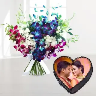 Bunch of 10 orchids in mix colour with heart shape photo cake 