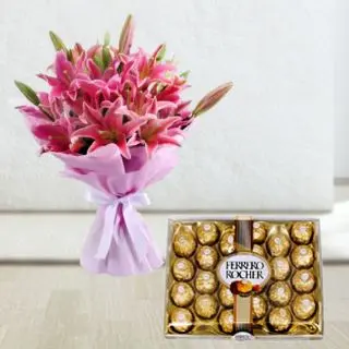 Bunch of 10 pink asaitic lilies with box of 24 pcs rocher ferrero chocolates 