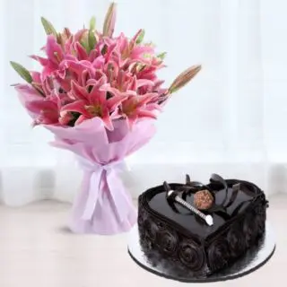 Bunch of 10 pink asiatic lilies with 1 kg heart shape double chocolate cake 