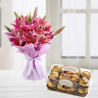 Bunch of 10 pink asiatic lilies with box of 16 pcs rocher ferrero chocolates 