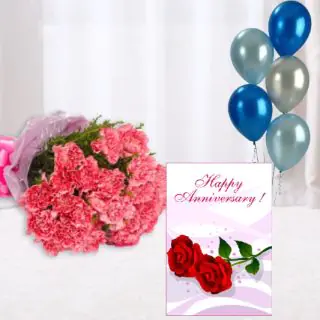 Bunch of 10 pink carnations, anniversary card , 5 blown balloons 