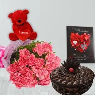 bunch of 10 pink carnations, half kg chocolate fudge cake, valentine greeting card, 6inch red teddybear