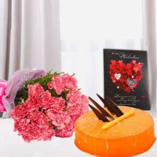 Bunch of 10 pink carnations,half kg orange cake , valentine greeting card 