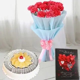 Bunch of 10 pink carnations,  pineapple cool cake, valentine Greeting card 