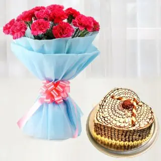 Bunch of 10 pink carnations with heart shape butterscotch cake 