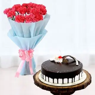 Bunch of 10 pink carnations with half kg choco vanilla cool cake 