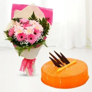 Bunch of 10 pink gerberas and carnations with orange cool cake 