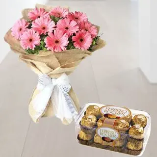 Bunch of 10 pink gerberas with box of 16 pcs rocher ferrero chocolates 