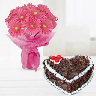 Bunch of 10 pink gerberas with heart shape black forest cake 