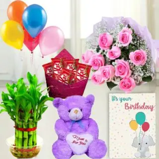 Bunch of 10 pink roses , 6 inch height teddybear, pack of 5 kitkat chocolates, 2 layer Lucky bamboo plant ,5 blown balloons with birthday greeting card