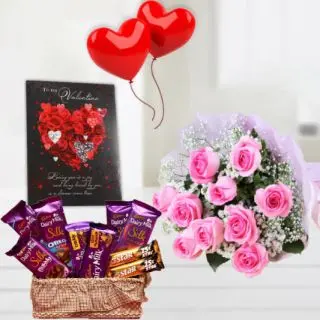 Bunch of 10 pink roses, basket of assorted cadburies&5star chocolates, valentine day card, 2 heart shape balloons