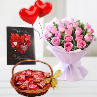Bunch of 10 pink roses, basket of kitkat chocolates, 2 heart shape balloons with valentine greeting card