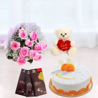 Bunch of 10 pink roses, orange cool cake, set of 3 bournville chocolates, 6 inch teddybear 