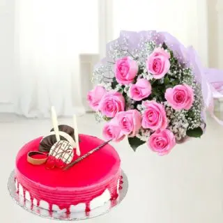 Bunch of 10 pink roses with 1 kg strawberry cool cake 