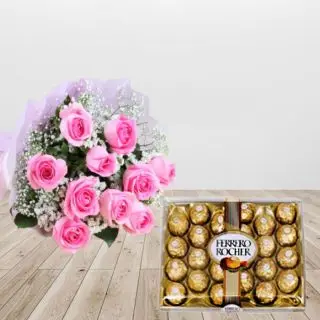 Bunch of 10 pink roses with box of 24 pcs rocher ferrero chocolates 