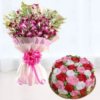 Bunch of 10 purple orchids with half kg vanilla cake with floral theme 