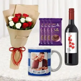 Bunch of 10 red and white roses, photo mug, bottle of wine, with set of 4 dairy milk chocolates 