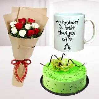 Bunch of 10 red and white roses, photo mug, half kg kiwi cake 