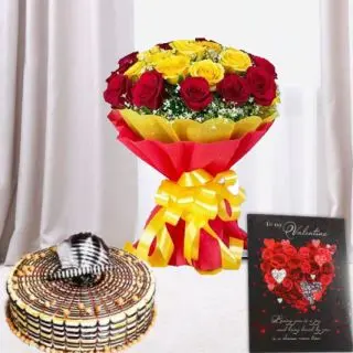 Bunch of 10 red and yellow roses, Half kg premium quality butterscotch cool cake, valentine Greeting card 