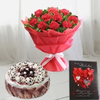 Bunch of 10 red carnations, half kg choco vanilla cake,valentine greeting card  