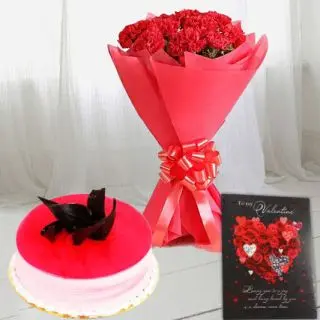 Bunch of 10 red carnations,half kg strawberry cake with valentine greeting card  