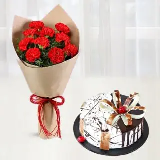 Bunch of 10 red carnations with choco vanilla cake 