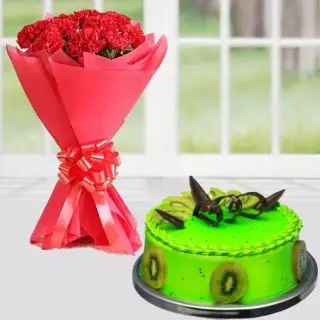 Bunch of 10 red carnations with kiwi fresh cream cake 
