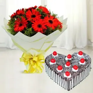 Bunch of 10 red gerberas with heart shape black forest cool cake 