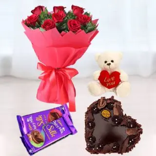 Bunch of 10 red roses, chocolate truffle heart shape cake, 6 inch white teddy bear, with set of 2 dairy milk silk 