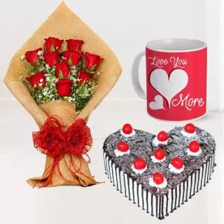 Bunch of 10 red roses , 1 kg heart shape black forest cake , photo mug 