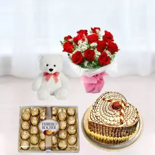 Bunch of 10 red roses, heart shape butterscotch cake, 6 inch teddy bear with 24 pcs rocher ferrero chocolates 