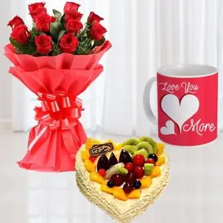 Bunch of 10 red roses  1 kg heart shape mix fruit premium quality cake, 1 photo mug