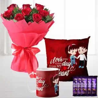 Bunch of 10 red roses , 5 dairy milk chocolates, photo cushion with photo mug 