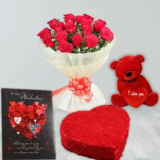 Bunch of 10 red roses, 6 inch red teddybear, 1 kg heart shape red velvet cake with valentine day valentine greeting card 