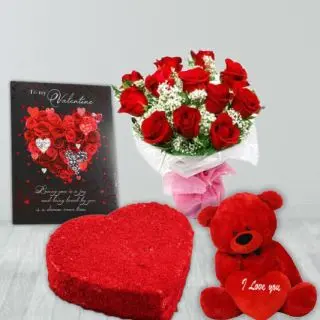 Bunch of 10 red roses, 6 inch red teddybear, Half kg heart shape red velvet cake with valentine greeting card 